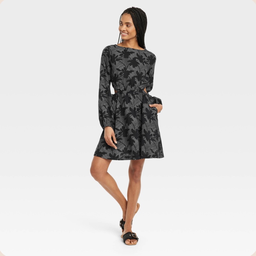 Women's Balloon Long Sleeve Mini A-Line Dress - Universal Thread™ Black Floral M